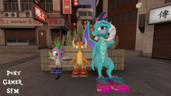 Size: 1920x1080 | Tagged: safe, artist:ponygamer2020, imported from derpibooru, princess ember, smolder, spike, dragon, 3d, chinatown, city, clothes, colored wings, cool, dragon trio, dragoness, dragons wearing clothes, embarrassed, female, happy, looking at each other, looking back, male, shoes, smiling, smiling at each other, sneakers, source filmmaker, splatoon, trio, tsundember, tsundere, we don't normally wear clothes, winged spike, wings