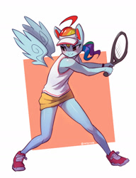 Size: 1308x1705 | Tagged: safe, artist:mrscroup, imported from derpibooru, rainbow dash, anthro, pegasus, plantigrade anthro, alternate hairstyle, clothes, female, floating wings, hat, legs, ponytail, shoes, skirt, sneakers, solo, sports, sun visor, tennis, tennis racket, wings