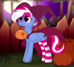Size: 1800x1640 | Tagged: safe, artist:vi45, imported from derpibooru, oc, oc only, oc:steam loco, pegasus, pony, clothes, commission, cute, folded wings, full moon, halloween, hat, holiday, male, moon, pegasus oc, pumpkin, pumpkin bucket, socks, solo, spooky, standing, striped socks, wings, witch hat, ych result