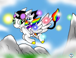 Size: 1280x990 | Tagged: safe, artist:frostthehobidon, imported from derpibooru, oc, oc:dr. wolf, oc:lightning bliss, cloud, cute, flying, goggles, mountain, ocbetes, sun