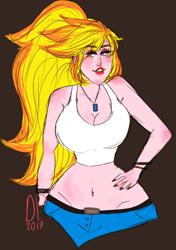 Size: 964x1371 | Tagged: safe, artist:depravipony, imported from derpibooru, oc, oc only, oc:sinfonia krystal, human, breasts, cleavage, clothes, dark background, female, hand on hip, humanized, jewelry, lipstick, midriff, necklace, signature, smiling, solo, sports bra