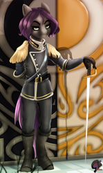 Size: 1200x2007 | Tagged: safe, artist:brainiac, imported from derpibooru, oc, oc only, anthro, earth pony, clothes, commission, digital painting, epaulettes, link in description, solo, sword, tiktok, time-lapse included, uniform, weapon