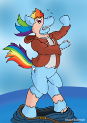 Size: 2480x3508 | Tagged: safe, artist:sparkbolt3020, imported from derpibooru, rainbow dash, human, pegasus, pony, belt, blue background, bottomless, clothes, ears, emanata, female, high res, hoodie, hooves, human to pony, looking at self, looking down, male to female, mane, mare, mid-transformation, muzzle, open mouth, pants, pants down, partial nudity, rule 63, shirt, shocked, simple background, solo, surprised, tail, transformation, transgender transformation