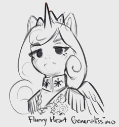Size: 927x987 | Tagged: safe, artist:mrscroup, imported from derpibooru, princess flurry heart, alicorn, semi-anthro, clothes, cropped, crown, epaulettes, female, grayscale, jewelry, mare, military uniform, monochrome, older, older flurry heart, regalia, sketch, solo, uniform, warrior flurry heart