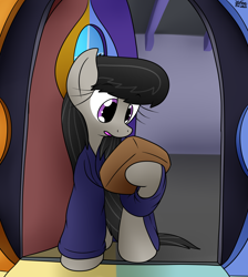 Size: 1662x1857 | Tagged: safe, artist:the-furry-railfan, imported from derpibooru, octavia melody, earth pony, pony, bathrobe, clothes, doorway, female, package, porch, robe, robes, this will end in balloons, vinyl and octavia's home