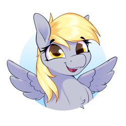 Size: 1800x1800 | Tagged: safe, artist:aquaticvibes, imported from derpibooru, derpy hooves, pegasus, pony, bust, chest fluff, cute, derp, derpabetes, eyebrows, eyebrows visible through hair, female, mare, open mouth, open smile, portrait, simple background, smiling, solo, spread wings, white background, wings