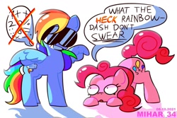 Size: 1280x853 | Tagged: safe, artist:mihar_34, imported from derpibooru, pinkie pie, rainbow dash, earth pony, pegasus, pony, censored vulgarity, dialogue, duo, female, grawlixes, meme, open mouth, redraw, simple background, smiling, speech bubble, sunglasses, swearing, vulgar, what the heck rainbow dash don't swear, white background