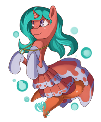 Size: 1024x1229 | Tagged: safe, artist:kenisu-of-dragons, imported from derpibooru, oc, oc only, merpony, seapony (g4), unicorn, bubble, clothes, commission, dress, female, fish tail, flowing mane, green mane, horn, jewelry, necklace, purple eyes, seaponified, simple background, smiling, solo, species swap, tail, transparent background