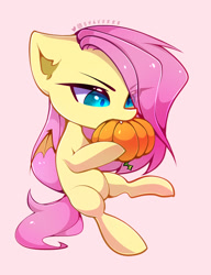 Size: 797x1040 | Tagged: safe, artist:shavurrr, imported from derpibooru, fluttershy, bat pony, pony, colored pupils, cute, fangs, female, flutterbat, herbivore, hoof hold, nom, pink background, pumpkin, race swap, shyabates, shyabetes, simple background, sitting, solo