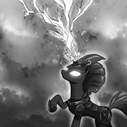Size: 2000x2000 | Tagged: safe, artist:onimiste, imported from derpibooru, tempest shadow, pony, unicorn, broken horn, female, glowing, glowing eyes, glowing horn, high res, horn, magic, mare, monochrome, raised hoof, solo, storm king armor
