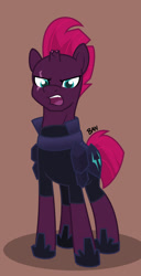Size: 1024x1997 | Tagged: safe, artist:banquo0, imported from derpibooru, tempest shadow, pony, unicorn, angry, armor, broken horn, brown background, cyclone shade, eye scar, frown, horn, male, open mouth, rule 63, scar, simple background, solo, yelling