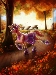 Size: 1500x2000 | Tagged: safe, artist:lupiarts, imported from derpibooru, oc, oc only, oc:heroic armour, pony, unicorn, autumn, commission, crossdressing, digital art, horn, leaves, male, park, park bench, roller skates, skating, solo, stallion, tree, unicorn oc