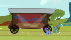 Size: 1920x1080 | Tagged: safe, artist:kaitykat117, imported from derpibooru, oc, oc only, oc:stage lights(kaitykat), oc:thunderhoof(kaitykat), base used, caravan, stage, tour d'equestria