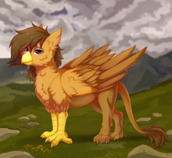 Size: 2000x1840 | Tagged: safe, artist:dinoalpaka, imported from derpibooru, oc, oc only, oc:moonquill, griffon, commission, female, griffon oc, looking at you, mountain, solo