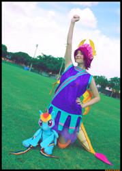 Size: 3226x4505 | Tagged: safe, artist:krazykari, imported from derpibooru, rainbow dash, smolder, human, cheerleader smolder, clothes, cosplay, costume, irl, irl human, photo, plushie