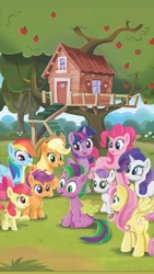 Size: 1125x2000 | Tagged: safe, artist:anthony conley, imported from derpibooru, apple bloom, applejack, fluttershy, pinkie pie, rainbow dash, rarity, scootaloo, spike, sweetie belle, twilight sparkle, alicorn, earth pony, pony, unicorn, a pony named spike, apple, apple tree, book, clubhouse, crusaders clubhouse, cutie mark crusaders, food, male, mane seven, mane six, ponified, ponified spike, species swap, stallion, tree, twilight sparkle (alicorn)