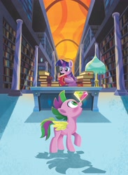 Size: 2976x4076 | Tagged: safe, artist:anthony conley, imported from derpibooru, spike, twilight sparkle, alicorn, pegasus, pony, a pony named spike, balancing, book, bookshelf, gem, male, ponies balancing stuff on their nose, ponified, ponified spike, species swap, stallion, twilight sparkle (alicorn)