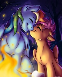 Size: 1080x1350 | Tagged: safe, artist:__regenbogen_, artist:regenbogen, imported from derpibooru, rainbow dash, scootaloo, pegasus, pony, bonfire, campfire, cute, duo, duo female, eyes closed, female, filly, fire, happy, mare, nuzzling, scootalove, sibling love, sisterly love, smiling