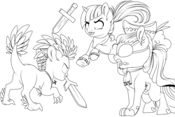 Size: 1280x853 | Tagged: safe, artist:schokocream, imported from derpibooru, oc, oc only, dracony, dragon, earth pony, hybrid, pony, unicorn, earth pony oc, eyepatch, female, fight, hat, horn, lineart, mare, mouth hold, simple background, sword, unicorn oc, weapon, white background