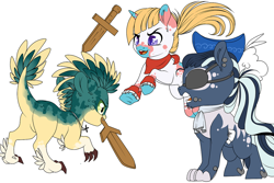 Size: 1280x853 | Tagged: safe, artist:schokocream, imported from derpibooru, oc, oc only, dracony, dragon, earth pony, hybrid, pony, unicorn, earth pony oc, eyepatch, female, fight, hat, horn, mare, mouth hold, simple background, sword, unicorn oc, weapon, white background