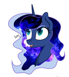 Size: 1836x2053 | Tagged: safe, artist:herusann, imported from derpibooru, princess luna, alicorn, pony, bust, ethereal mane, eyelashes, female, galaxy mane, horn, mare, simple background, smiling, solo, transparent background