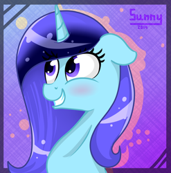 Size: 1816x1840 | Tagged: safe, artist:herusann, imported from derpibooru, oc, oc only, pony, unicorn, abstract background, blushing, bust, eyelashes, female, grin, horn, mare, smiling, solo, unicorn oc