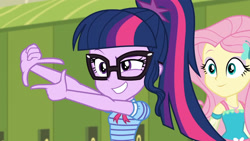 Size: 3410x1920 | Tagged: safe, imported from derpibooru, screencap, fluttershy, sci-twi, twilight sparkle, equestria girls, equestria girls series, holidays unwrapped, spoiler:eqg series (season 2), bowtie, female, geode of fauna, glasses, hairpin, high res, jewelry, lockers, magical geodes, necklace, o come all ye squashful, ponytail, smiling