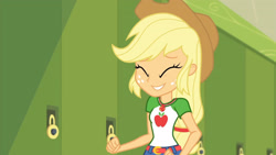 Size: 3410x1920 | Tagged: safe, imported from derpibooru, screencap, applejack, equestria girls, equestria girls series, holidays unwrapped, spoiler:eqg series (season 2), applejack's hat, belt, clothes, cowboy hat, cute, cutie mark, cutie mark on clothes, denim skirt, eyes closed, female, hat, high res, jackabetes, jewelry, lockers, necklace, o come all ye squashful, skirt, smiling, solo