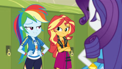 Size: 3410x1920 | Tagged: safe, imported from derpibooru, screencap, rainbow dash, rarity, sunset shimmer, equestria girls, equestria girls series, holidays unwrapped, spoiler:eqg series (season 2), bracelet, clothes, crossed arms, cutie mark, cutie mark on clothes, female, geode of empathy, geode of super speed, hand on hip, high res, hoodie, jacket, jewelry, leather, leather jacket, lockers, magical geodes, necklace, o come all ye squashful, rarity peplum dress, smiling