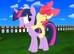 Size: 1280x937 | Tagged: safe, artist:supercarlosvillar, imported from derpibooru, apple bloom, twilight sparkle, earth pony, pony, unicorn, 3d, apple bloom riding twilight, female, fence, filly, mare, ponies riding ponies, riding, unicorn twilight