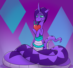 Size: 3104x2896 | Tagged: safe, artist:triksa, imported from derpibooru, oc, oc:lazy tentacle, changeling, lamia, original species, coils, forked tongue, heart, high res, long tongue, simple background, tongue out