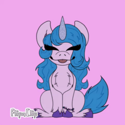 Size: 480x480 | Tagged: safe, artist:tsunamirose08, imported from derpibooru, izzy moonbow, pony, unicorn, animated, behaving like a dog, bracelet, chest fluff, ear flick, eyes closed, female, g5, jewelry, my little pony: a new generation, pink background, simple background, sitting, solo, tongue out