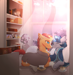 Size: 1389x1427 | Tagged: safe, artist:nyota71, imported from derpibooru, stygian, sunburst, pony, unicorn, accessory swap, bookshelf, cape, clothes, colored pupils, commission, cup, curtains, curved horn, duo, framed picture, gay, hoof hold, horn, looking at each other, lying down, male, prone, ship in a bottle, shipping, smiling, smiling at each other, stallion, styburst, teacup, unshorn fetlocks, window