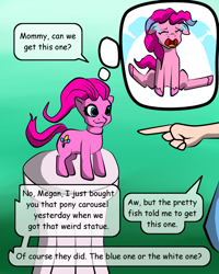 Size: 1400x1750 | Tagged: safe, artist:hipper-reed, idw, imported from derpibooru, megan williams, pinkie pie, earth pony, human, pony, spoiler:comic, spoiler:comic78, bad end, cosmageddon, crying, dialogue, eyes closed, female, floppy ears, gradient background, inanimate tf, ocular gushers, offscreen character, open mouth, sad, speech bubble, thought bubble, toy, transformation