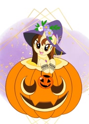 Size: 750x1042 | Tagged: safe, artist:al-abbasi, imported from derpibooru, oc, oc only, pony, unicorn, female, flower, halloween, hat, holiday, jack-o-lantern, partial background, pumpkin, solo, witch hat