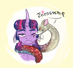 Size: 1500x1400 | Tagged: safe, artist:miyalaflordorada, imported from derpibooru, discord, twilight sparkle, draconequus, pony, snake, curved horn, female, floppy ears, friendshipping, frown, heart, hisscord, horn, licking, one eye closed, one eye open, ponytober, species swap, tongue out, unamused