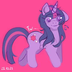 Size: 1600x1600 | Tagged: safe, artist:catuchino, imported from derpibooru, twilight sparkle, pony, unicorn, 2021, female, pink background, simple background, solo, unicorn twilight