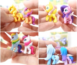 Size: 1496x1256 | Tagged: safe, imported from derpibooru, applejack, fluttershy, izzy moonbow, pipp petals, rainbow dash, sunny starscout, trixie, zipp storm, earth pony, pegasus, pony, unicorn, figurine, g4, g5, my little pony: a new generation, palette swap, recolor, toy