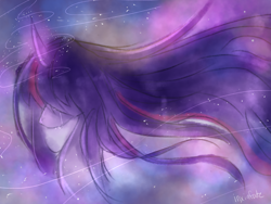 Size: 1112x834 | Tagged: safe, artist:inxinfate, imported from derpibooru, twilight sparkle, alicorn, pony, unicorn, bust, crying, curved horn, female, horn, sad, solo, stars, the cosmos, twilight sparkle (alicorn)