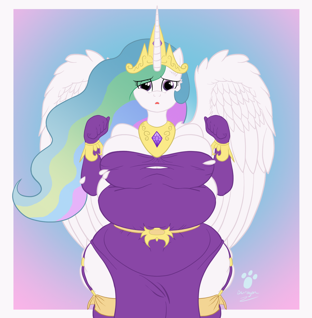 2734168 - suggestive, princess celestia, female, solo, clothes, breasts,  anthro, alicorn, looking at you, solo female, big breasts, jewelry, belly,  fat, large butt, thighs, big belly, thunder thighs, busty princess celestia,  inflation,