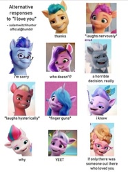 Size: 406x547 | Tagged: safe, edit, edited screencap, imported from derpibooru, screencap, hitch trailblazer, izzy moonbow, pipp petals, queen haven, sprout cloverleaf, sunny starscout, zipp storm, earth pony, pegasus, pony, unicorn, alphabittle blossomforth, alternative responses to i love you, argyle starshine, female, g5, ivory cedar, male, mane five (g5), mare, my little pony: a new generation, phyllis cloverleaf, stallion