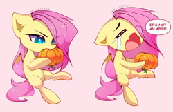 Size: 1280x836 | Tagged: safe, artist:shavurrr, imported from derpibooru, fluttershy, bat pony, pony, adorable distress, bat ponified, biting, crying, cute, eye clipping through hair, eyes closed, female, flutterbat, herbivore, open mouth, pink background, pumpkin, race swap, sad, shyabates, shyabetes, simple background, solo