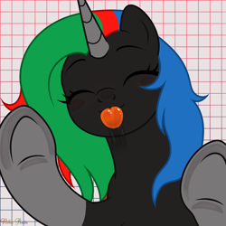 Size: 1500x1500 | Tagged: safe, artist:nika-rain, imported from derpibooru, oc, oc only, oc:thinkpony, pony, unicorn, bust, commission, cute, female, licking the fourth wall, portrait, simple background, solo, tongue out, ych result