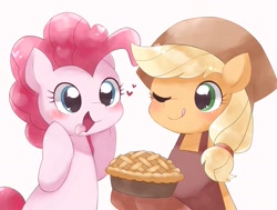 Size: 2061x1558 | Tagged: safe, artist:ginmaruxx, imported from derpibooru, applejack, pinkie pie, earth pony, pony, apple, apple pie, blushing, cute, diapinkes, duo, duo female, female, food, heart, jackabetes, mare, one eye closed, open mouth, open smile, pie, simple background, smiling, tongue out, white background