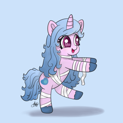 Size: 2160x2160 | Tagged: safe, artist:limitmj, imported from derpibooru, izzy moonbow, pony, unicorn, bipedal, blue background, cute, eye clipping through hair, female, g5, high res, izzybetes, mare, mummy, mummy costume, my little pony: a new generation, open mouth, open smile, simple background, smiling, solo