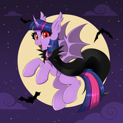 Size: 4000x4000 | Tagged: safe, artist:confetticakez, imported from derpibooru, twilight sparkle, alicorn, bat, bat pony, bat pony alicorn, pony, absurd resolution, bat ponified, bat wings, cape, clothes, ear fluff, ear tufts, fangs, female, flying, full moon, horn, looking at you, moon, night, night sky, open mouth, open smile, race swap, red eyes, sky, smiling, smiling at you, solo, spread wings, twibat, twilight sparkle (alicorn), wings