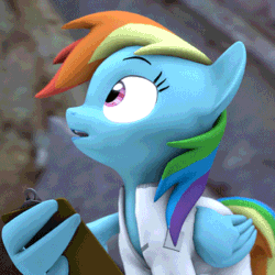 Size: 350x350 | Tagged: safe, artist:argodaemon, imported from derpibooru, rainbow dash, pegasus, pony, 3d, animated, clipboard, clothes, cropped, cute, dashabetes, female, gif, implied rainbow factory, lab coat, mare, mouth hold, pencil, solo, source filmmaker, wing hands, wings, youtube link