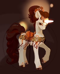 Size: 1751x2160 | Tagged: safe, artist:yanisfucker, imported from derpibooru, oc, oc only, earth pony, pony, adoptable, artificial horn, female, glowing, glowing horn, horn, mare, obtrusive watermark, raised hoof, saddle, solo, tack, tail, tail wrap, watermark