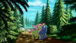 Size: 2560x1440 | Tagged: safe, artist:rockmedved, imported from derpibooru, fluttershy, rainbow dash, pegasus, pony, duo, female, flutterdash, forest, lesbian, running, scenery, shipping, trail, tree