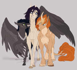 Size: 2100x1900 | Tagged: safe, artist:dementra369, imported from derpibooru, oc, oc only, oc:coffin, oc:ruby drop, oc:spring wind, earth pony, pegasus, unicorn, collar, grin, leonine tail, scar, smiling, tail, wings